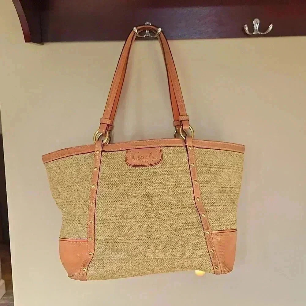 Coach F21959 Alexandra Python Studded Coral Straw Tote Shoulder Bag Purse